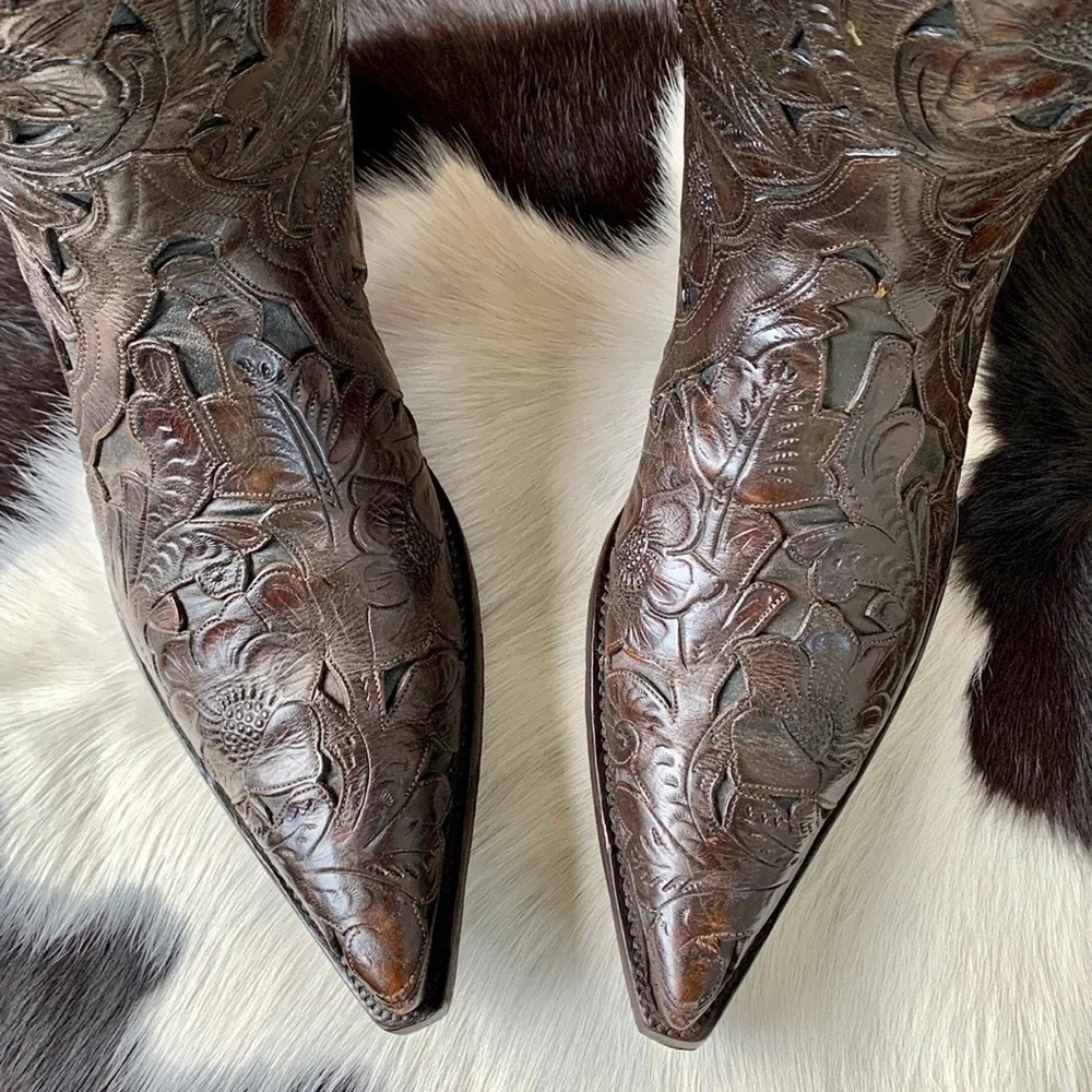 SOLD OLD GRINGO BOOT STAR Tooled Leather Handmade Brown Cowboy Western Boots 10 - Picture 5 of 14